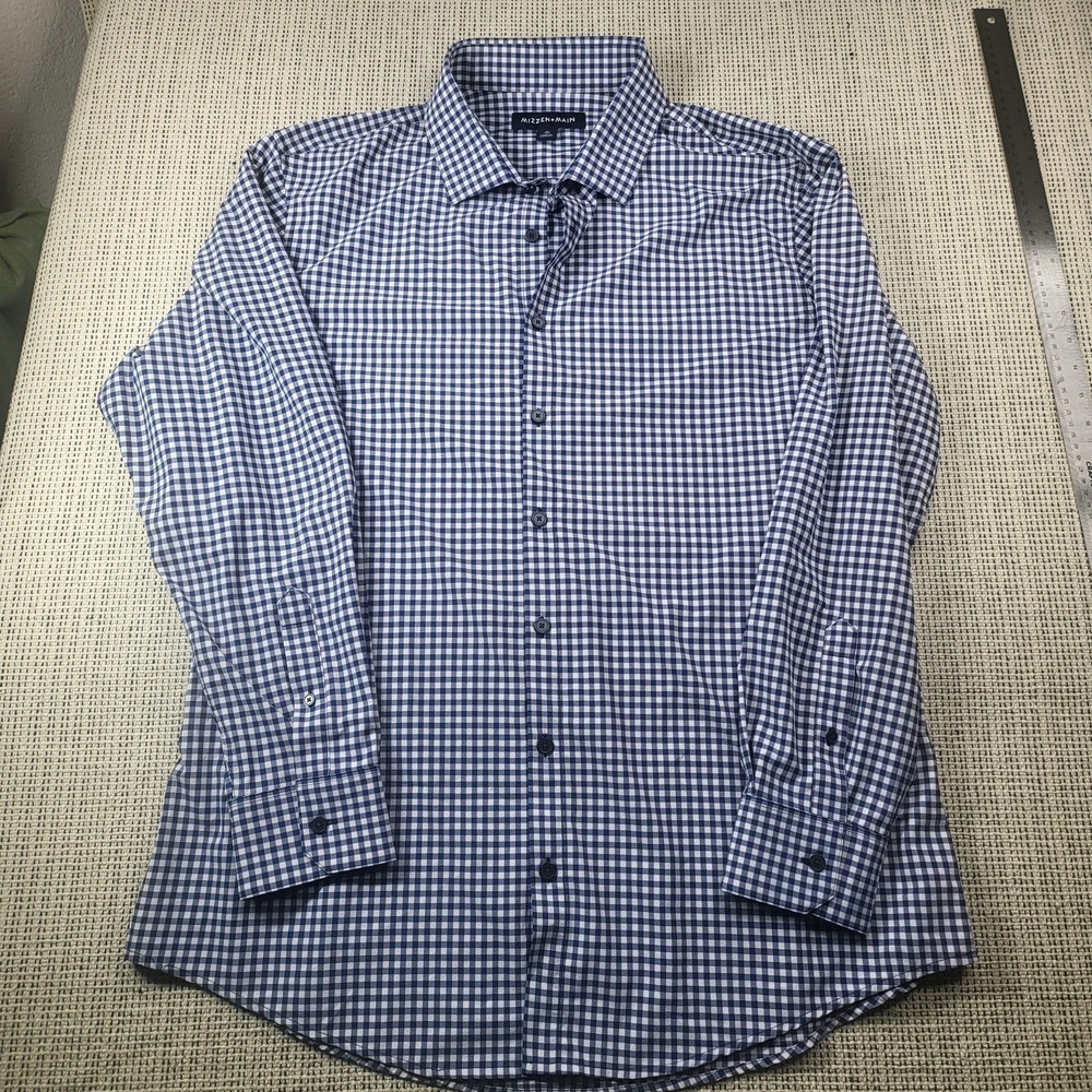 Mizzen+Main Shirt Mens XL Blue Gingham Trim Fit Performance Dress Long Sleeve